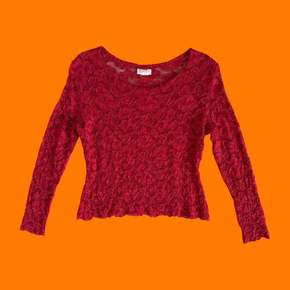 90's vintage red lace romantic long sleeve bodycon y2k top LARGE kay celine